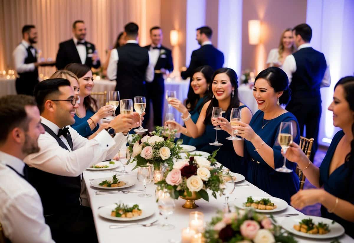 Guests mingling, clinking glasses, and laughing. Tables adorned with floral centerpieces. Soft lighting and music fill the room. Servers circulating with trays of appetizers