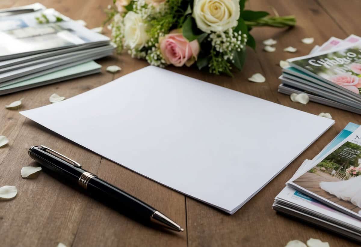 A pen and a blank sheet of paper on a wooden desk, surrounded by scattered wedding magazines and a bouquet of flowers