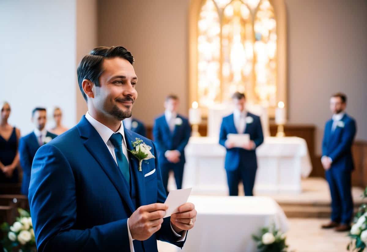 A groom standing before an altar, holding a small piece of paper, with a serene and hopeful expression on his face