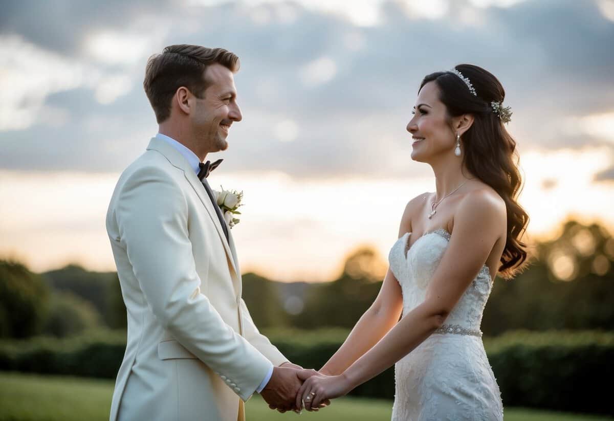 A bride and groom standing facing each other, holding hands, with a serene and joyful expression on their faces