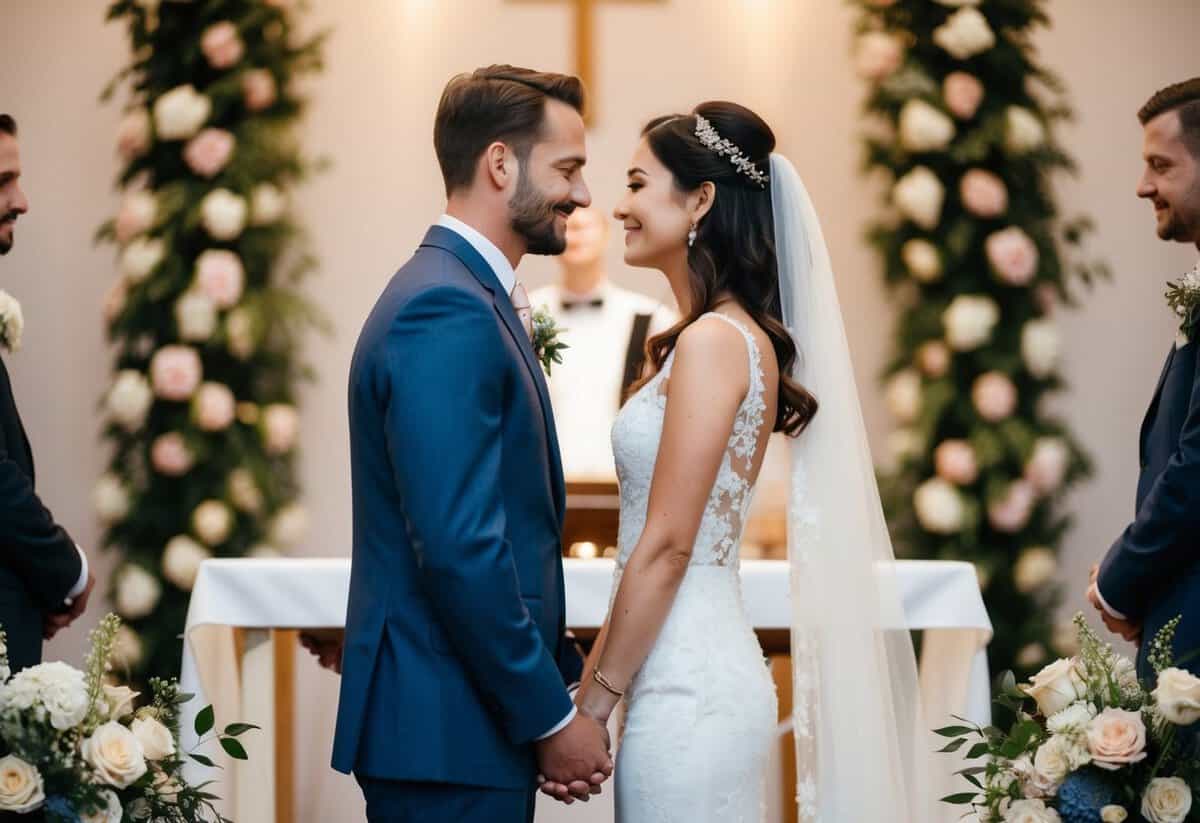A couple standing at the altar, facing each other with a serene and loving expression, surrounded by flowers and soft lighting