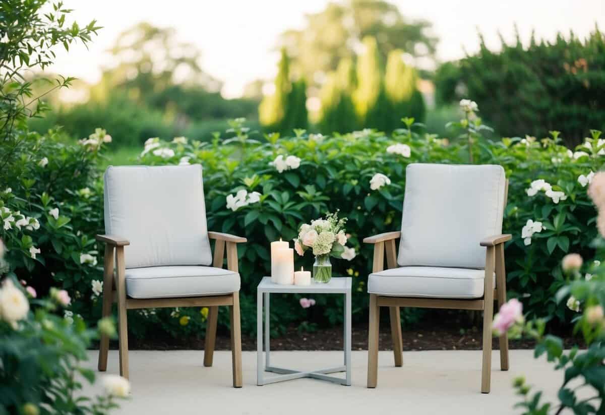 A serene outdoor setting with two chairs facing each other, surrounded by lush greenery and blooming flowers. A small table in between holds two unlit candles and a vase of fresh flowers