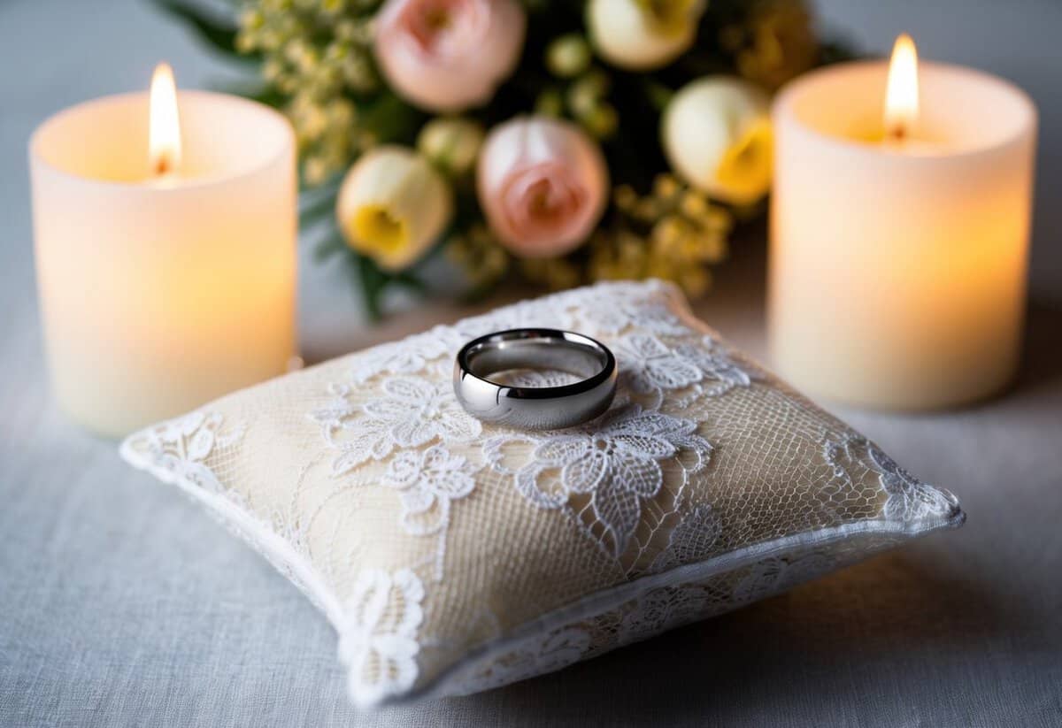A wedding ring placed on a delicate lace pillow, surrounded by flowers and soft candlelight