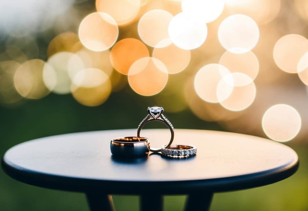 A small table holds two wedding rings, one larger and one smaller