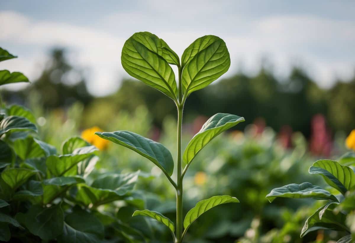 A heart-shaped plant growing taller than the surrounding foliage