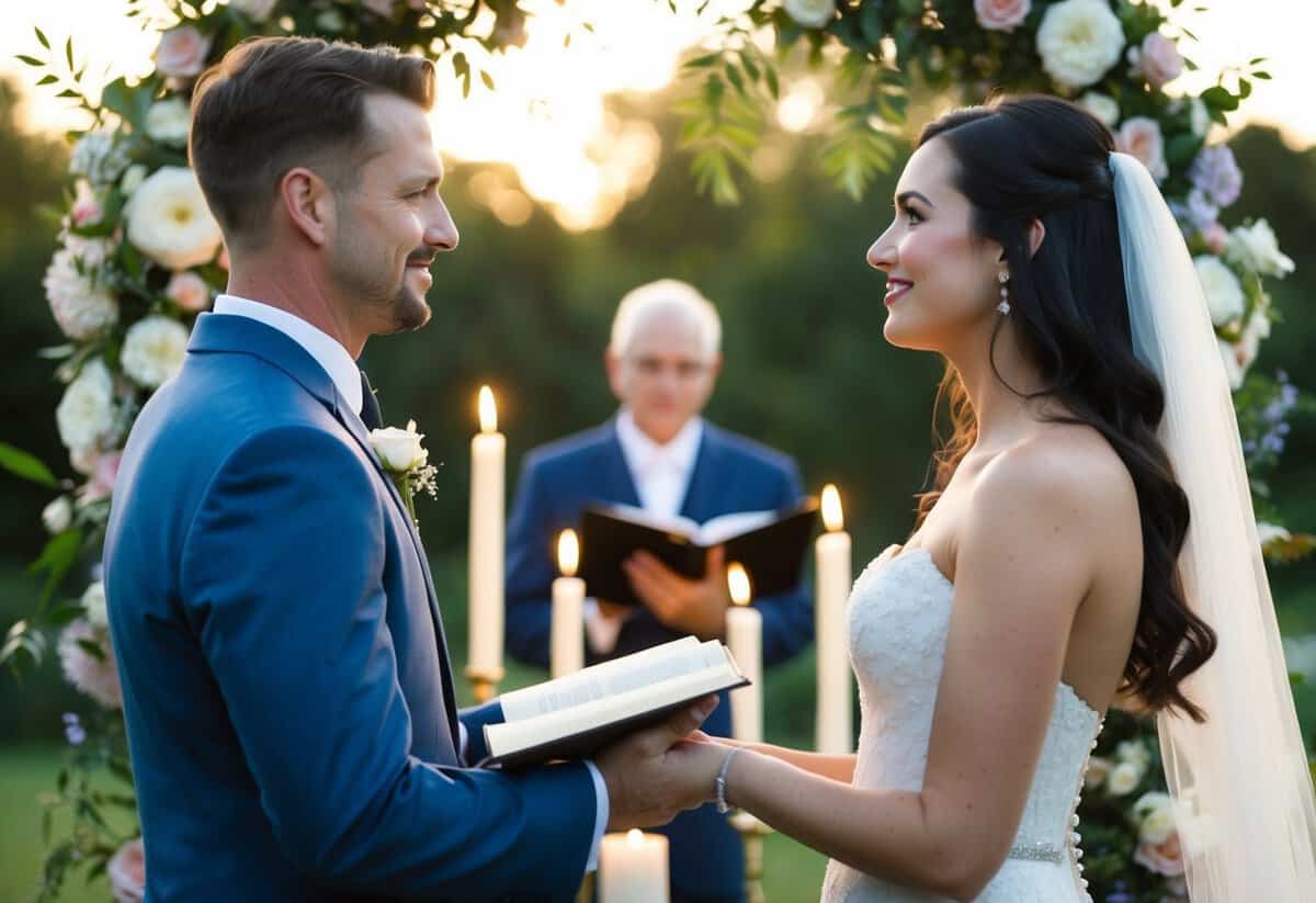 A couple stands facing each other, surrounded by flowers and candles. The officiant holds a book while the couple looks at each other, ready to exchange vows