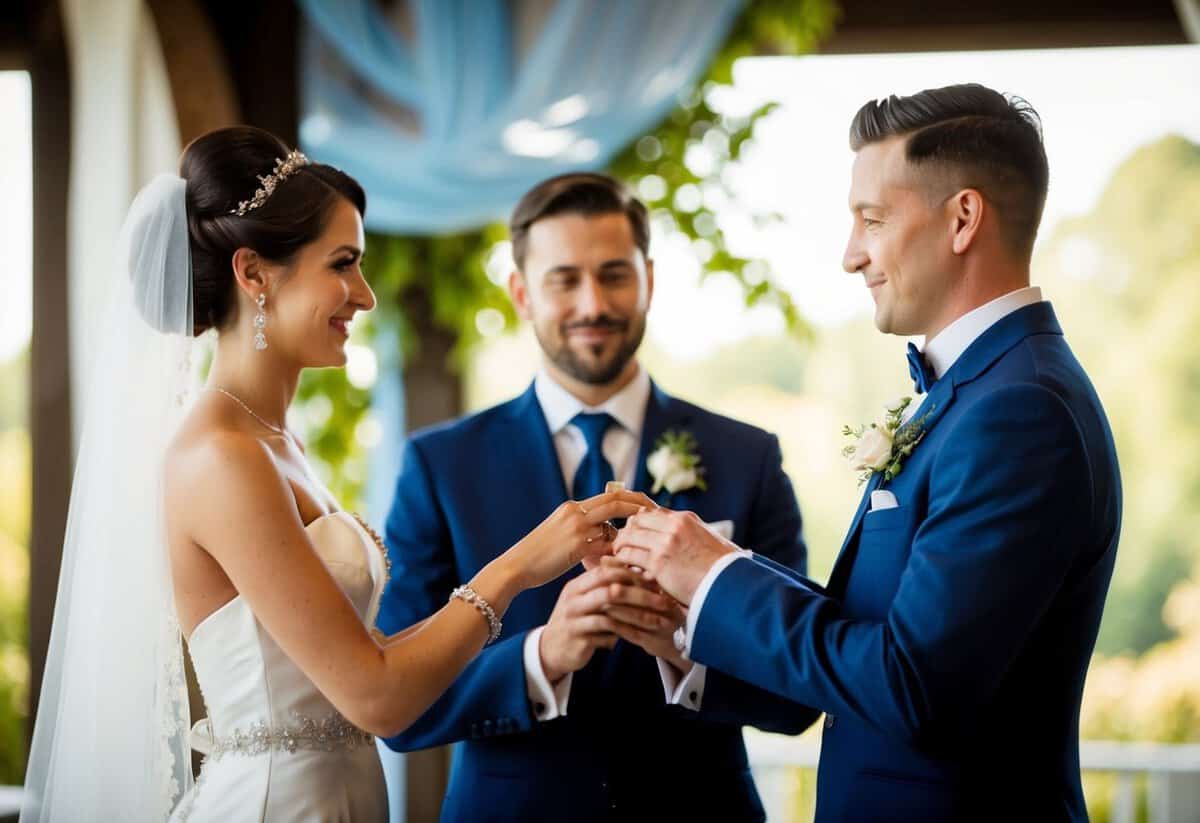 A figure presents rings to a bride and groom, following traditional etiquette
