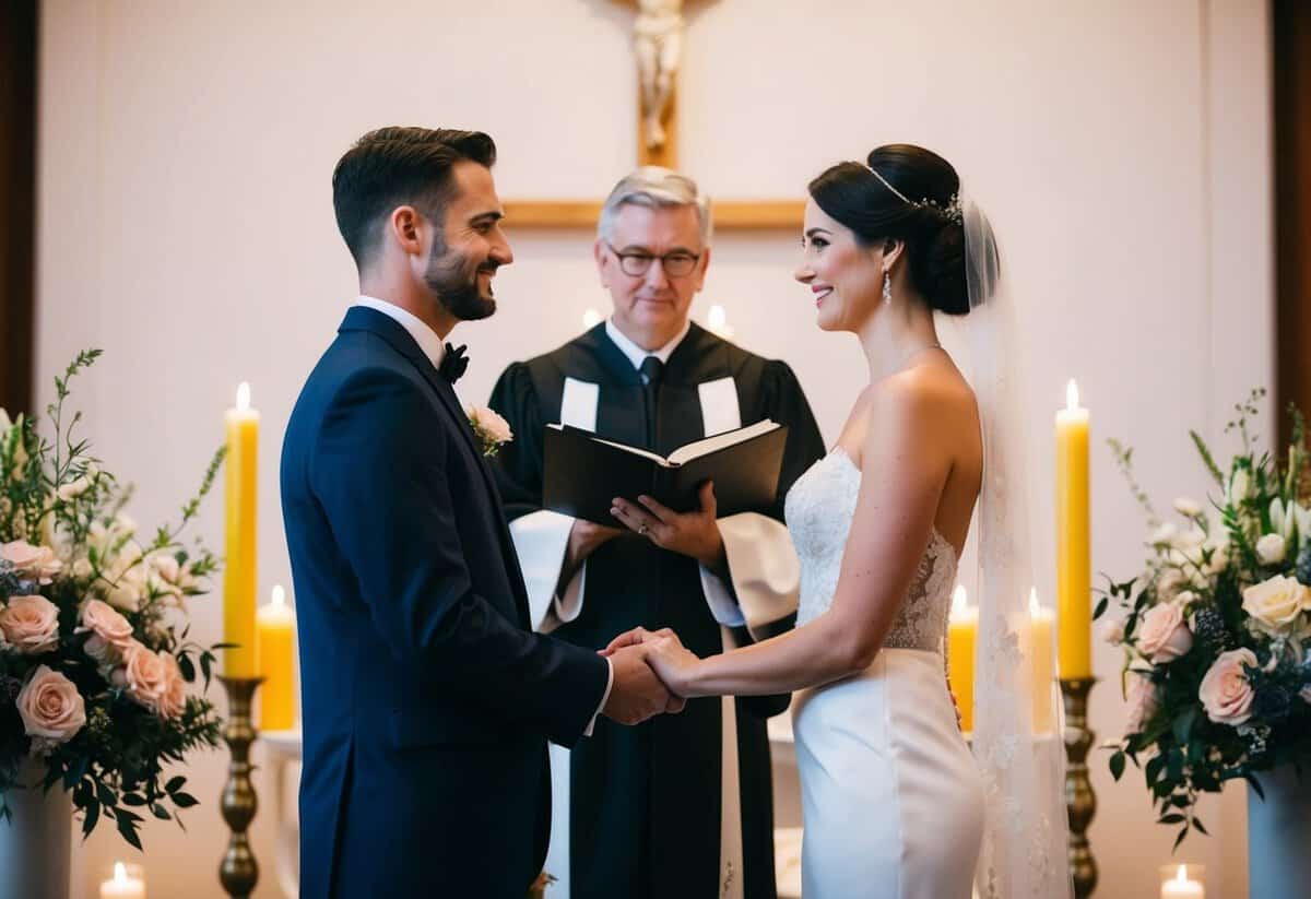A couple stands facing each other at the altar, surrounded by flowers and candles. The officiant holds a book of vows while the couple holds hands