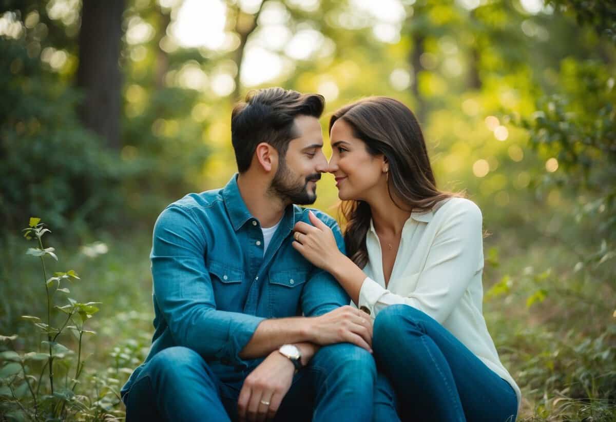 A couple sitting close together, surrounded by nature, engaged in deep conversation, with a strong sense of connection and intimacy