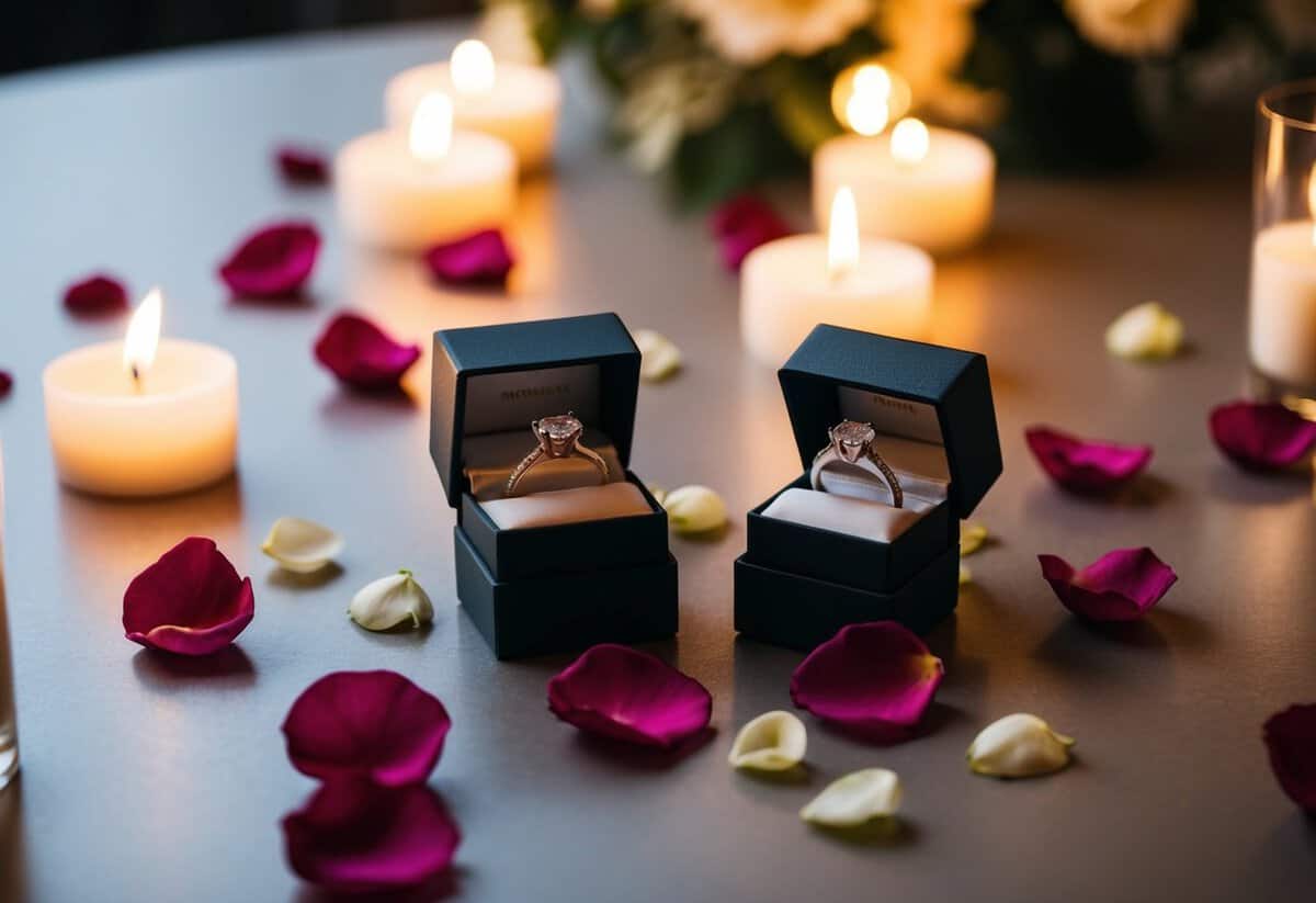 A table holds two elegant ring boxes, surrounded by scattered rose petals and flickering candles. A soft glow illuminates the space, hinting at the tender exchange that has just taken place