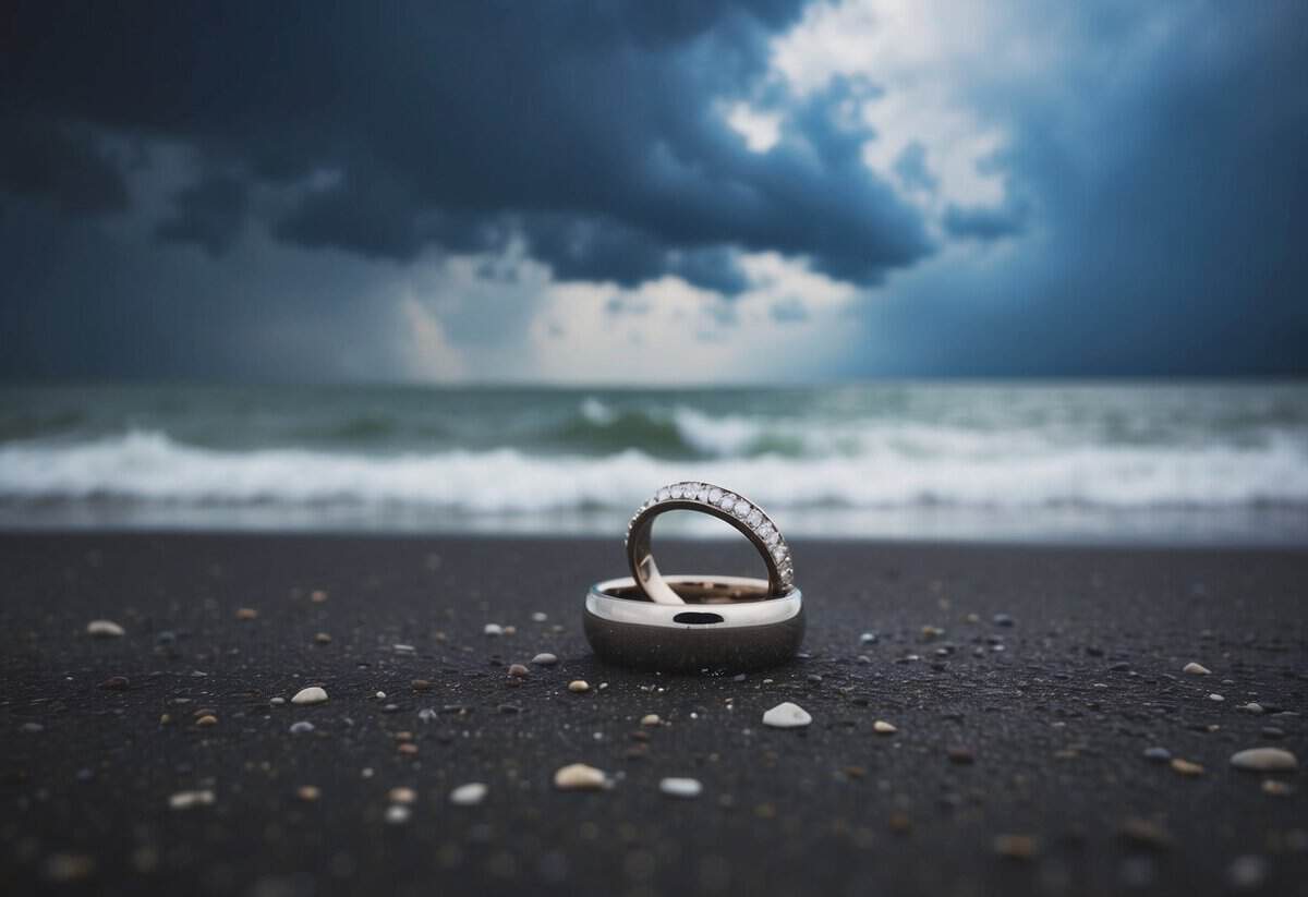 A wedding ring lying abandoned on a dark, stormy beach