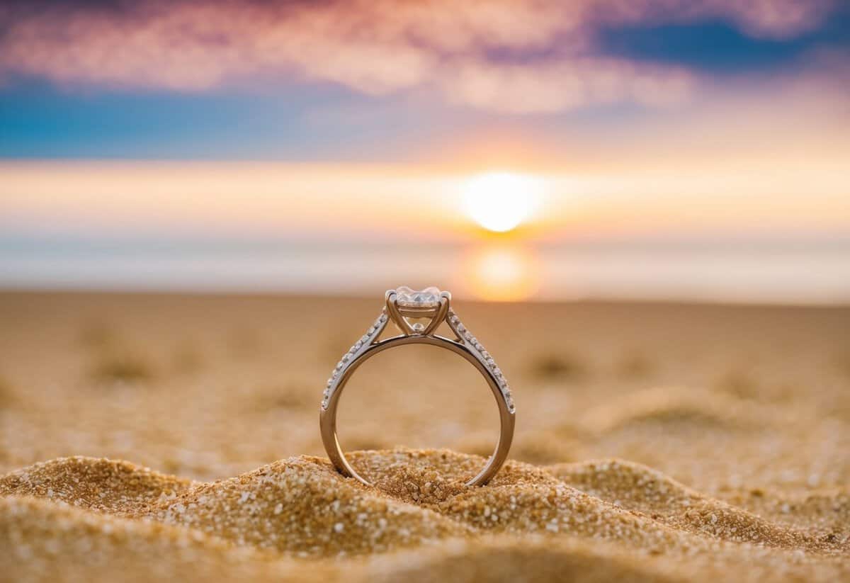 A wedding ring lying abandoned on a sandy beach at sunset