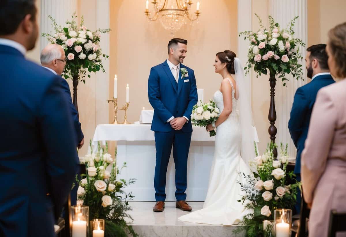 A groom standing at an altar, facing his bride with a loving gaze, surrounded by flowers and candles