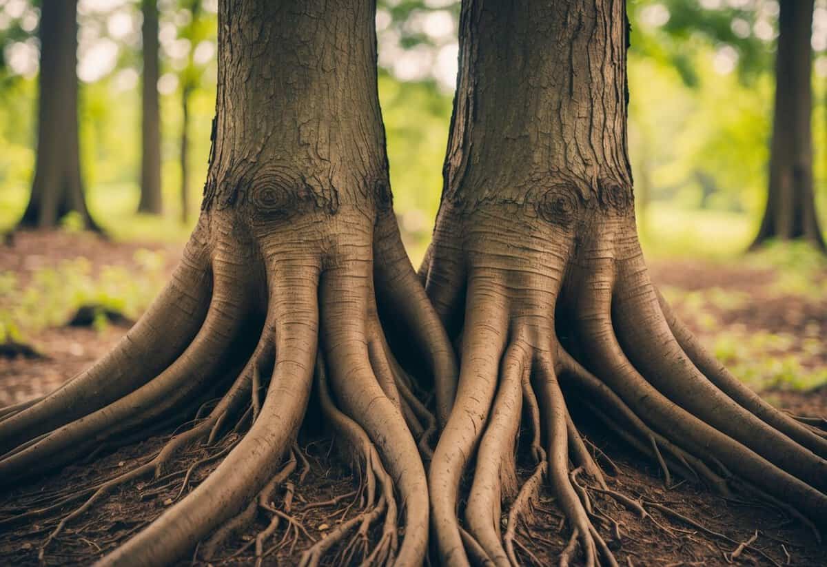 A pair of intertwined tree roots, symbolizing the concept of "to have and to hold" as they grow and support each other