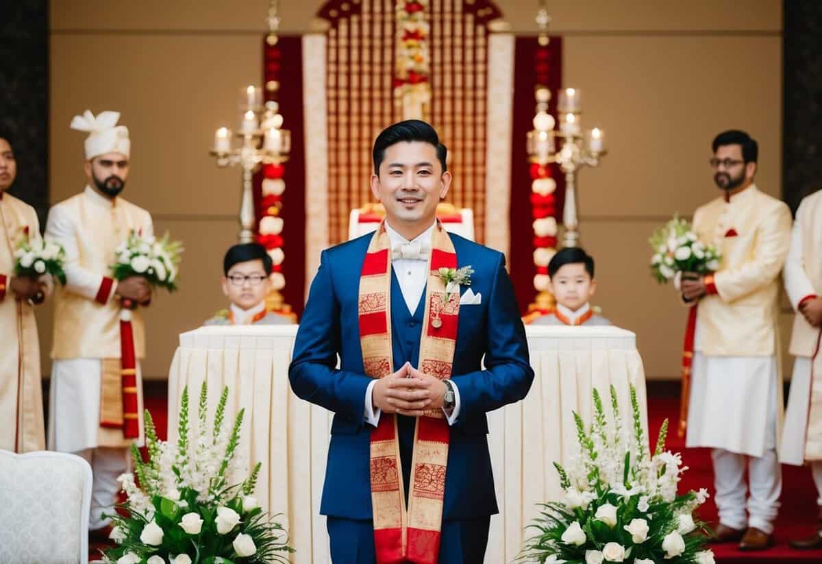 A groom stands at an altar, surrounded by a mix of traditional and modern elements