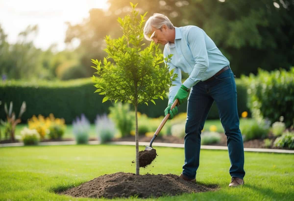 A person planting a tree in a garden, symbolizing commitment and nurturing growth