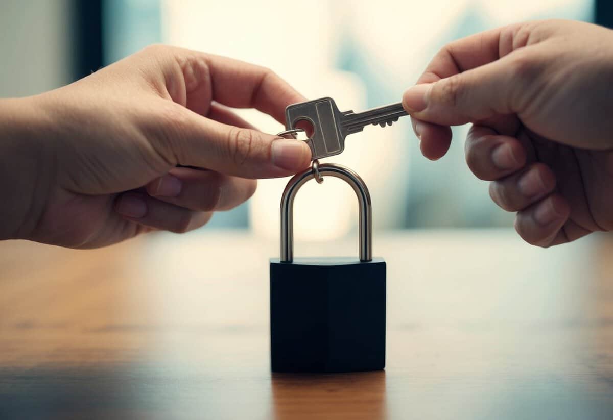 A person placing a key into a lock and turning it, symbolizing the concept of "to have and to hold."
