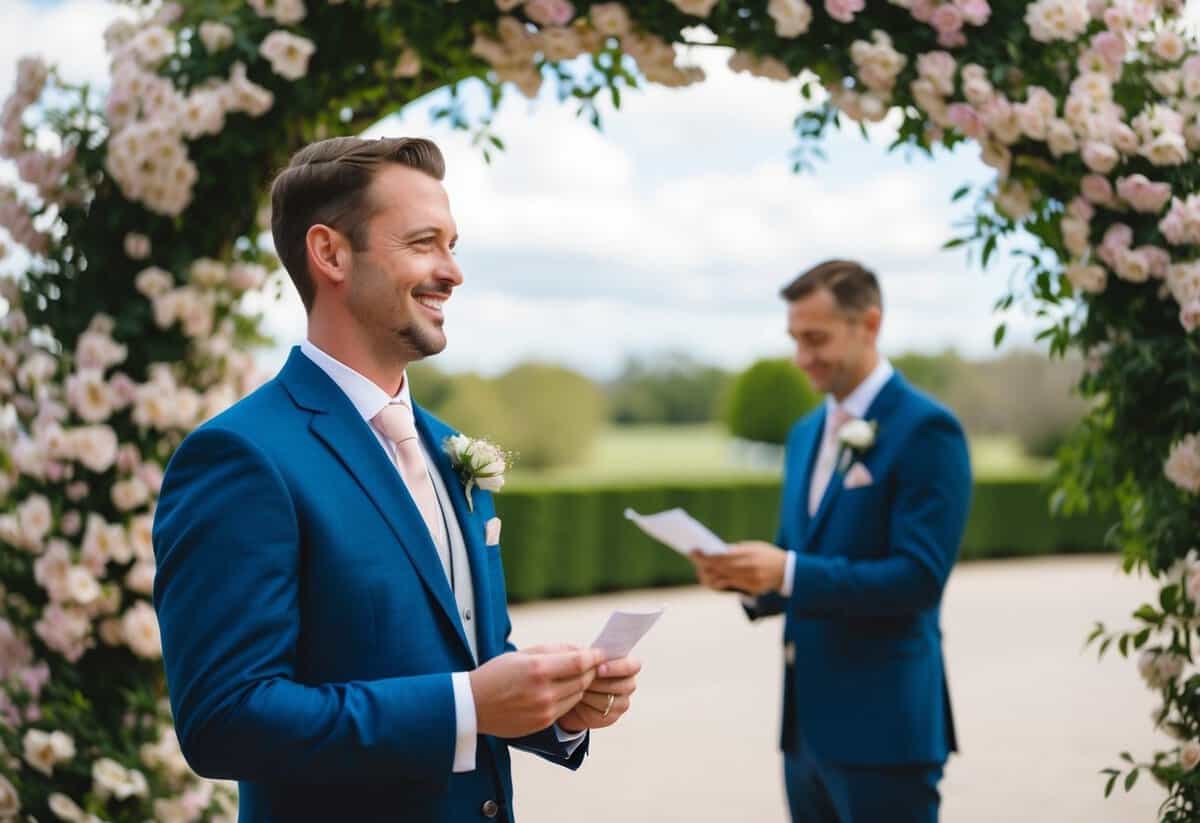 A groom standing under a blooming archway, holding a small piece of paper and smiling as he reads his short and sweet wedding vows