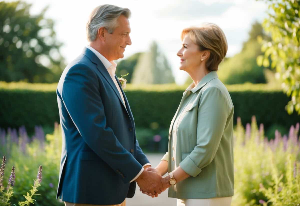A mature couple standing in a peaceful garden, holding hands and looking into each other's eyes with a sense of deep love and commitment