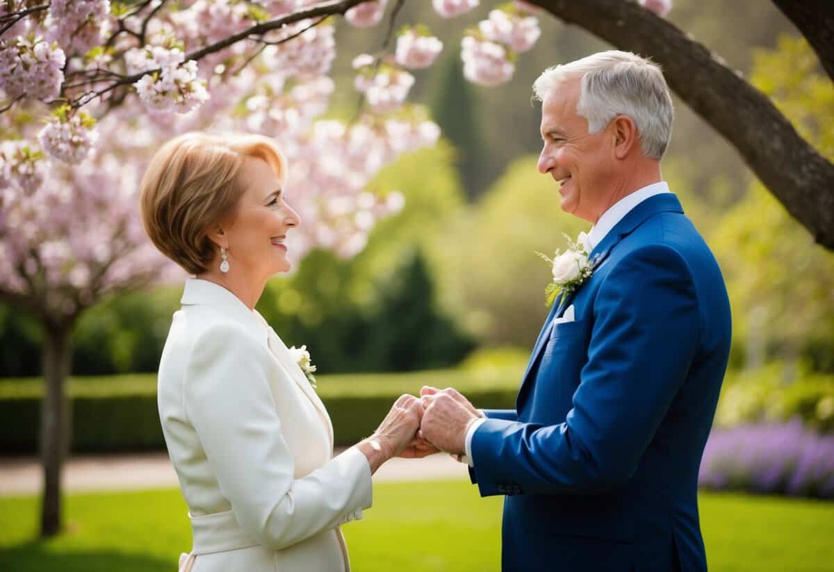 A mature couple standing together, facing each other with hands clasped, exchanging heartfelt vows under a blooming tree in a serene garden