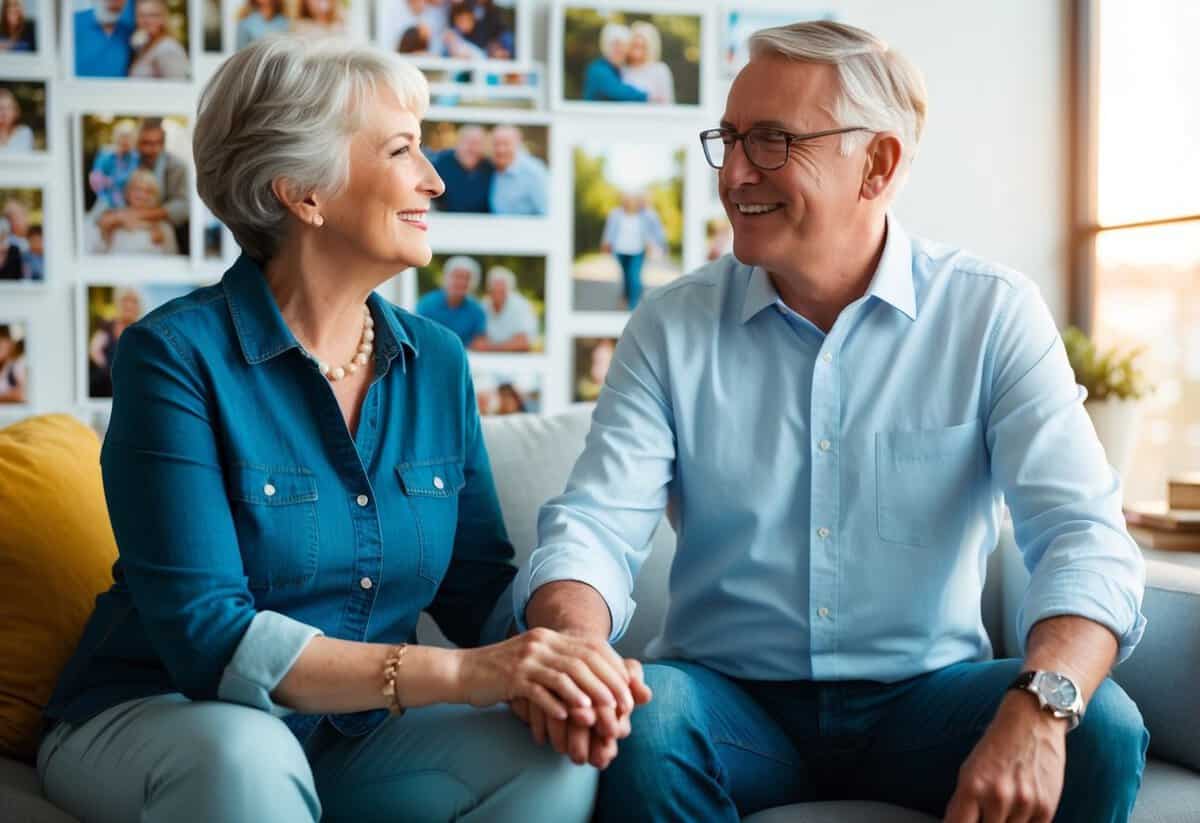 A mature couple sitting together, surrounded by photos from their past and holding hands as they look towards the future