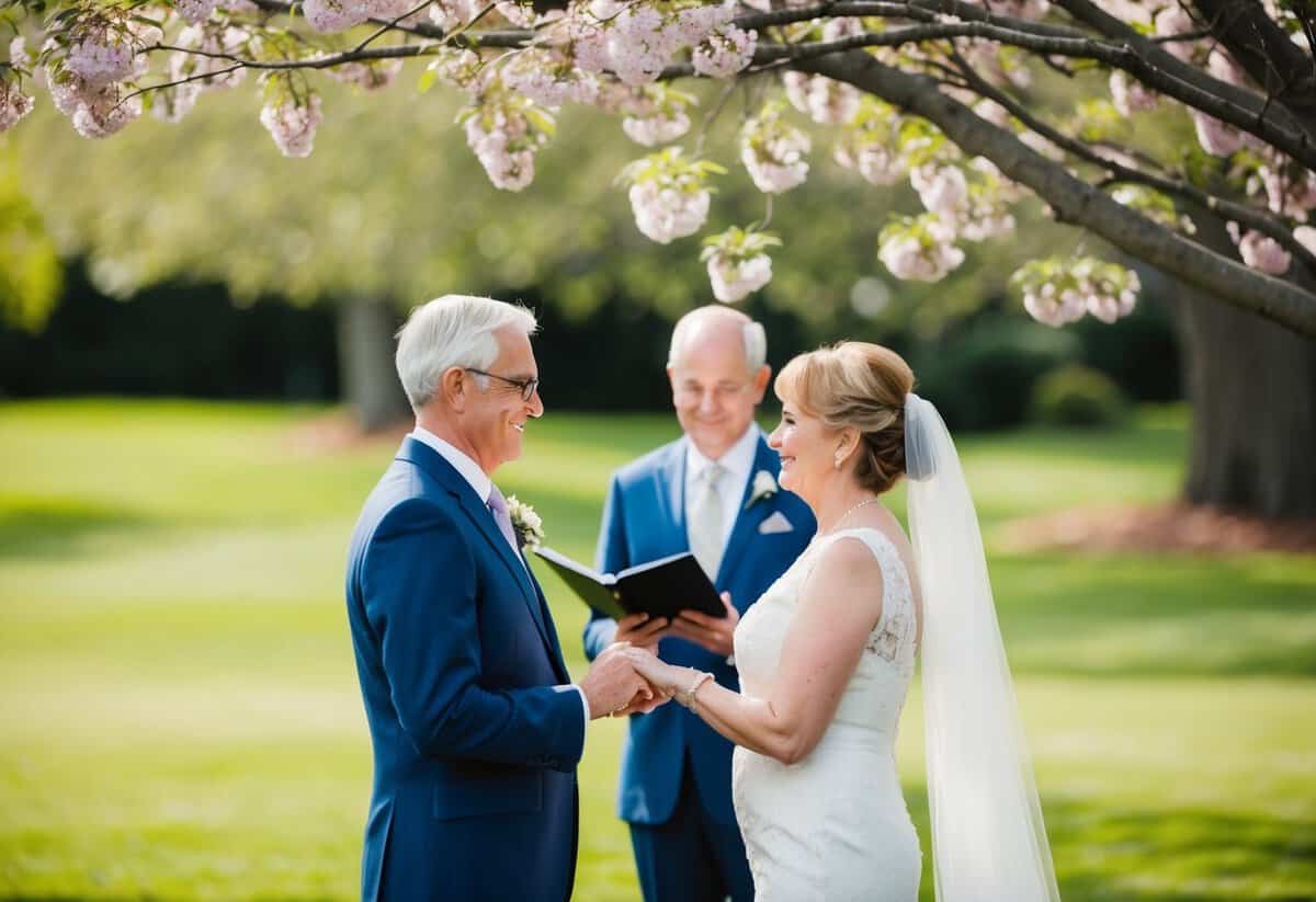 A mature couple standing together, exchanging vows under a blooming tree in a serene garden setting