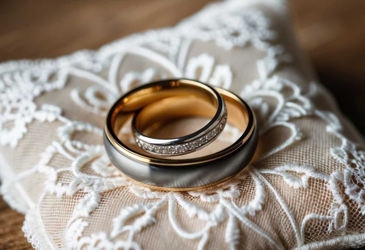 A pair of entwined wedding rings resting on a delicate lace pillow