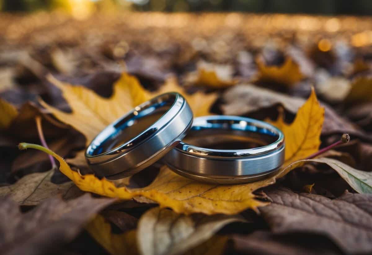 A pair of intertwined wedding rings resting on a bed of autumn leaves, symbolizing the enduring commitment of mature couples