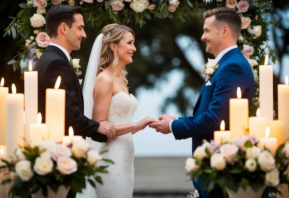 A bride and groom stand facing each other, surrounded by flowers and candles. They hold hands and exchange heartfelt vows, with tears in their eyes