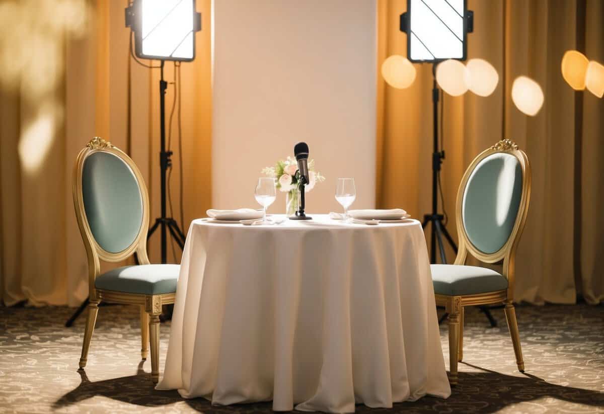 A table set with two elegant chairs, a decorative backdrop, and a microphone stand, all bathed in soft, warm light