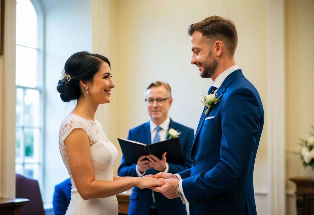 A couple stands before a registrar, exchanging vows in a simple, official setting at a registry office wedding