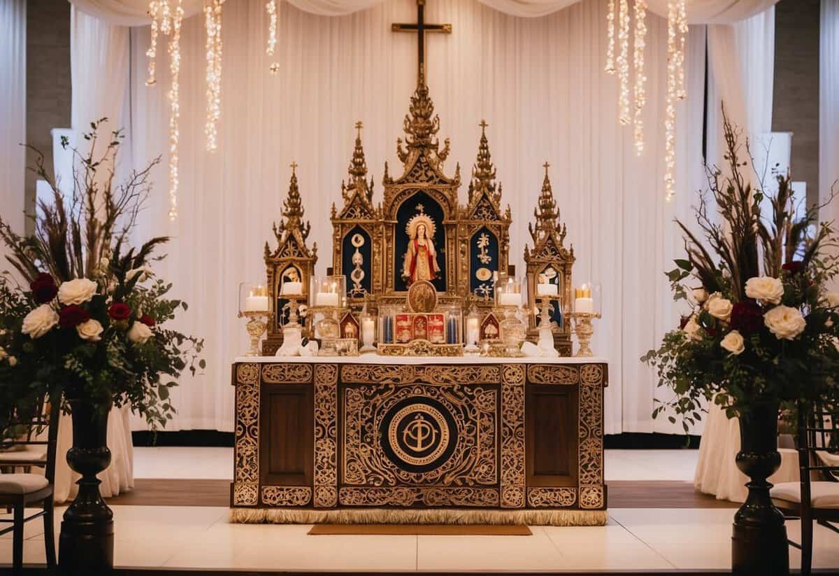 An ornate wedding altar adorned with symbols from various cultures and religions
