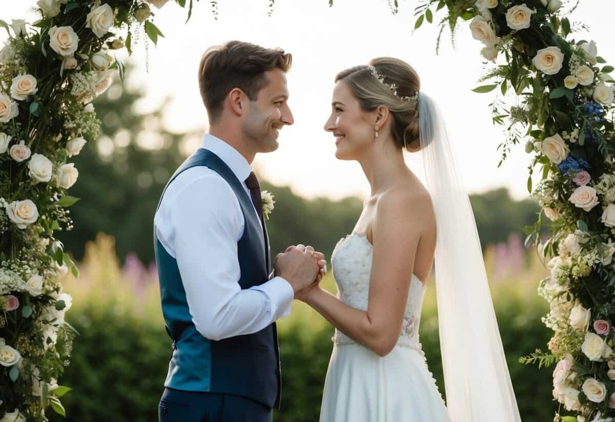 A couple standing under an arch of flowers, facing each other with clasped hands, exchanging vows
