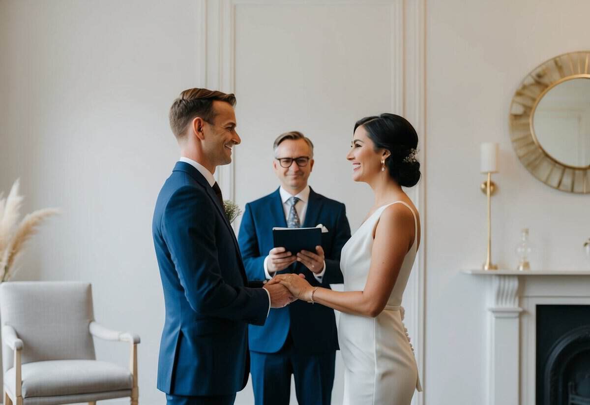 A couple stands before a registrar, exchanging vows in a simple yet elegant registry office. The room is adorned with minimalistic decor, creating a serene and intimate atmosphere