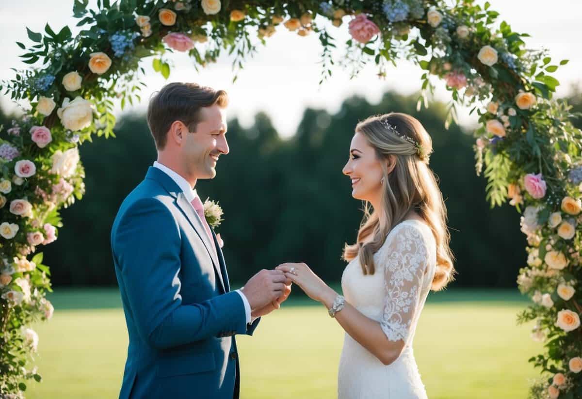 A couple standing under a floral arch, facing each other, exchanging rings
