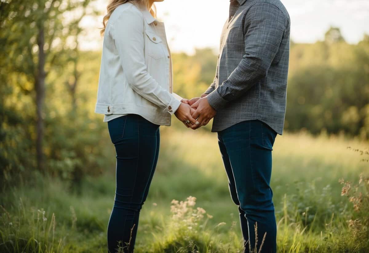 A couple stands facing each other, surrounded by nature, exchanging rings