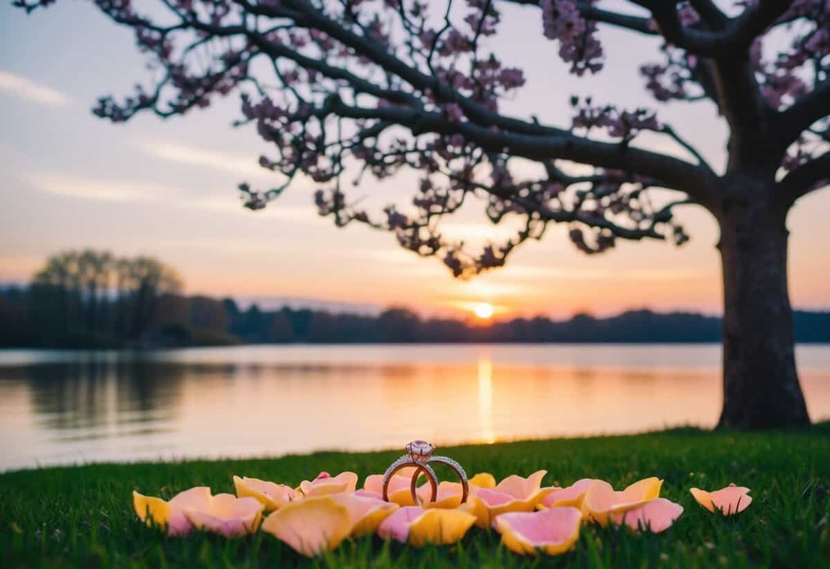 A blooming tree with intertwined branches, a pair of wedding rings resting on a bed of rose petals, and a tranquil sunset over a serene lake