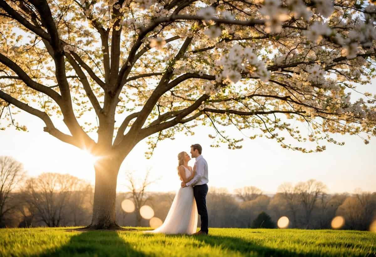 A couple standing beneath a blooming tree, surrounded by a warm, golden light. The air is filled with a sense of peace and love