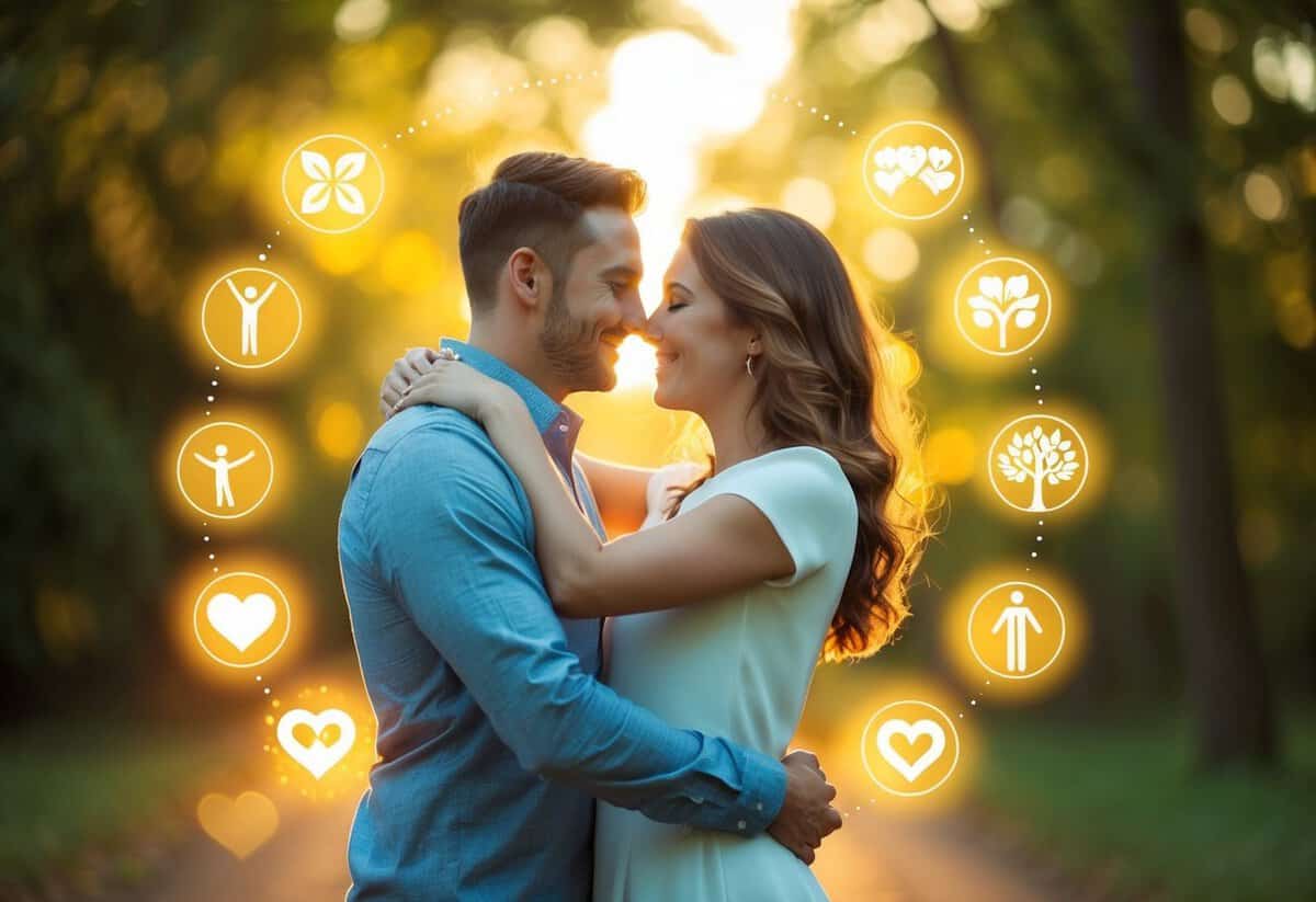 A couple embracing surrounded by a warm, glowing light, with symbols of love, unity, and growth floating around them