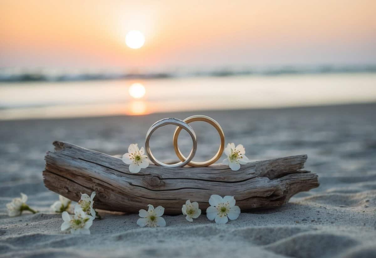A serene beach at sunset, with two intertwined rings resting on a weathered piece of driftwood, surrounded by delicate white flowers