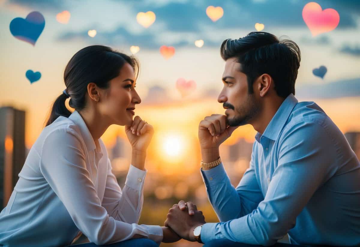 A couple sitting together, facing each other with open body language, engaged in deep conversation, surrounded by symbols of love, trust, and unity