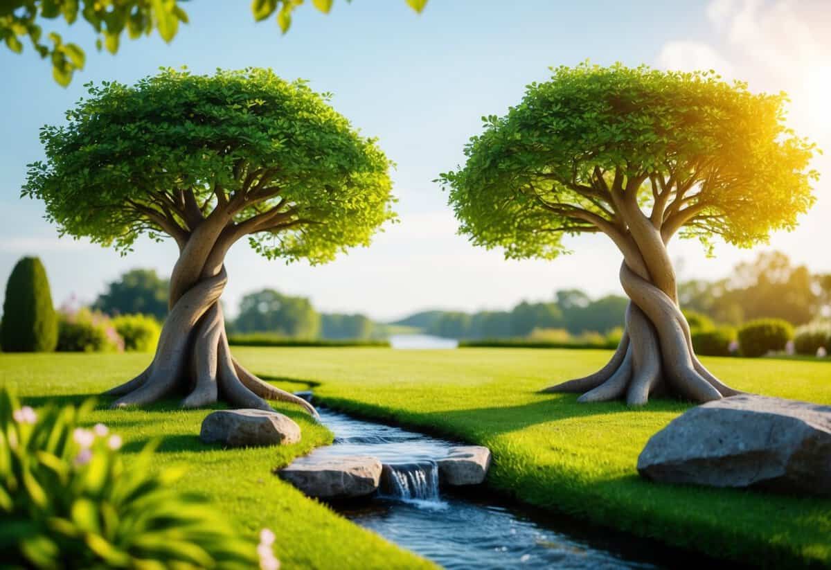 A serene garden with two intertwining trees, symbolizing unity. A flowing stream represents communication, while a sturdy rock signifies stability. A warm sun and gentle breeze evoke love and respect