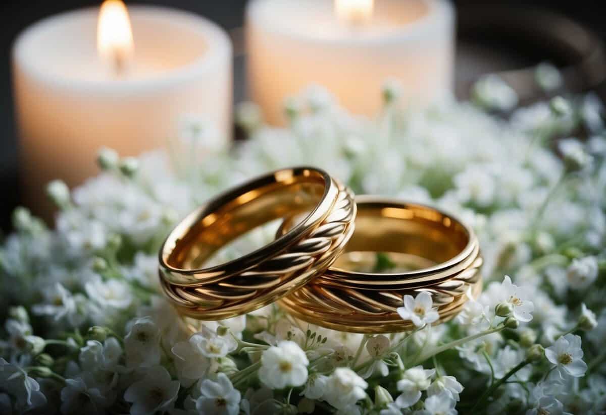 A pair of intertwined golden rings resting on a bed of delicate white flowers, surrounded by soft candlelight