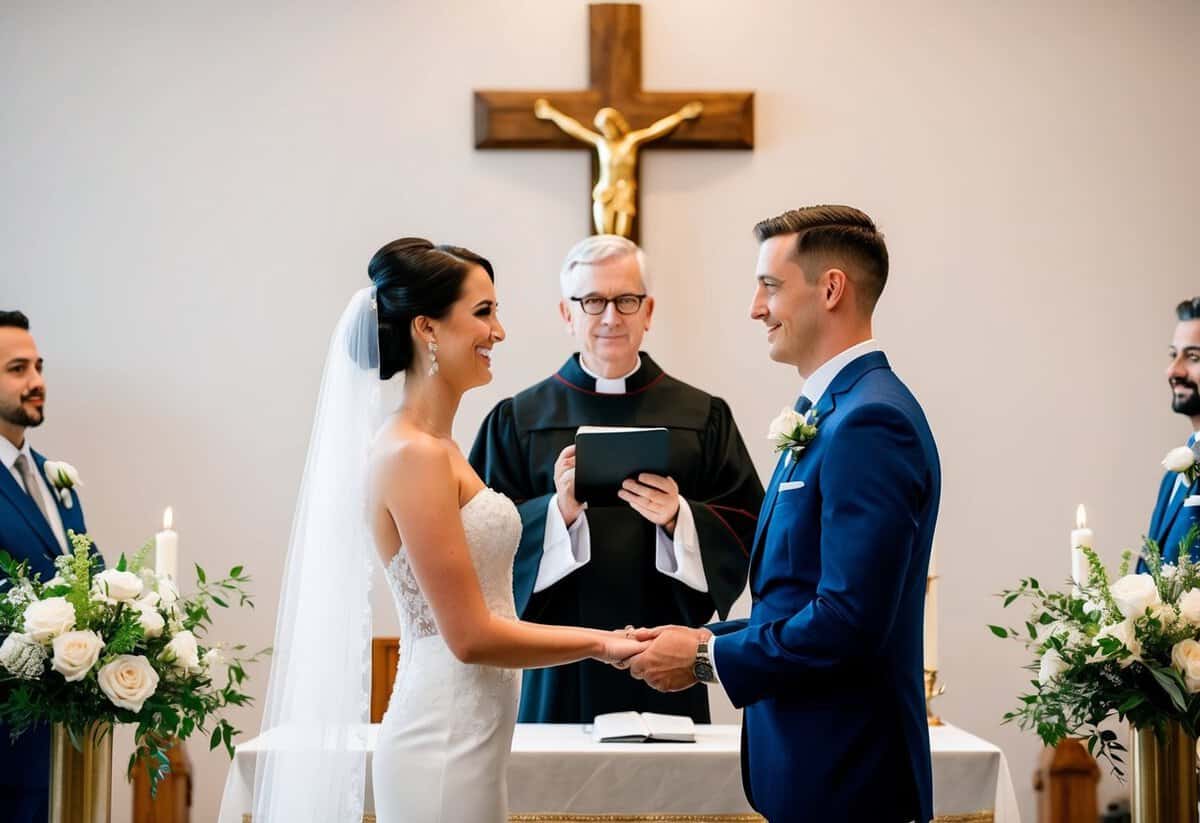 A bride and groom standing at an altar, exchanging vows with a priest officiating