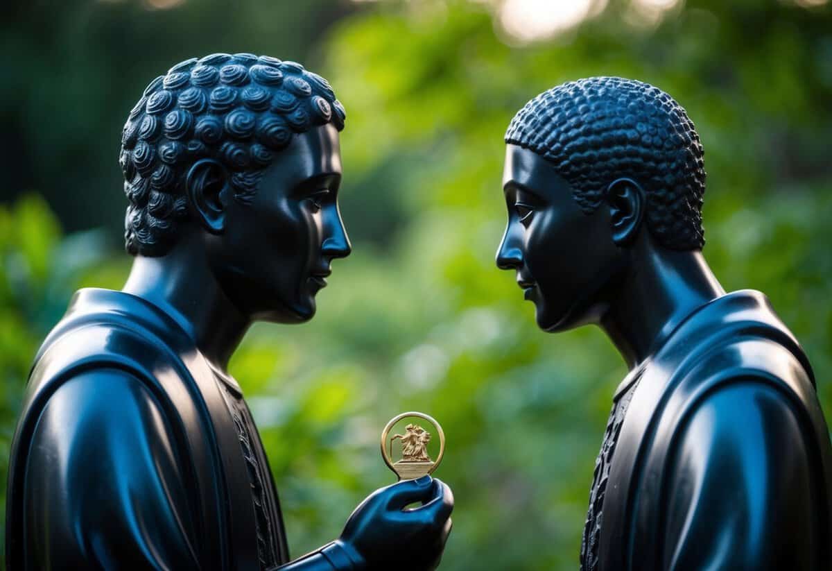 Two figures facing each other, surrounded by nature. One figure holds something symbolic, while the other figure listens attentively