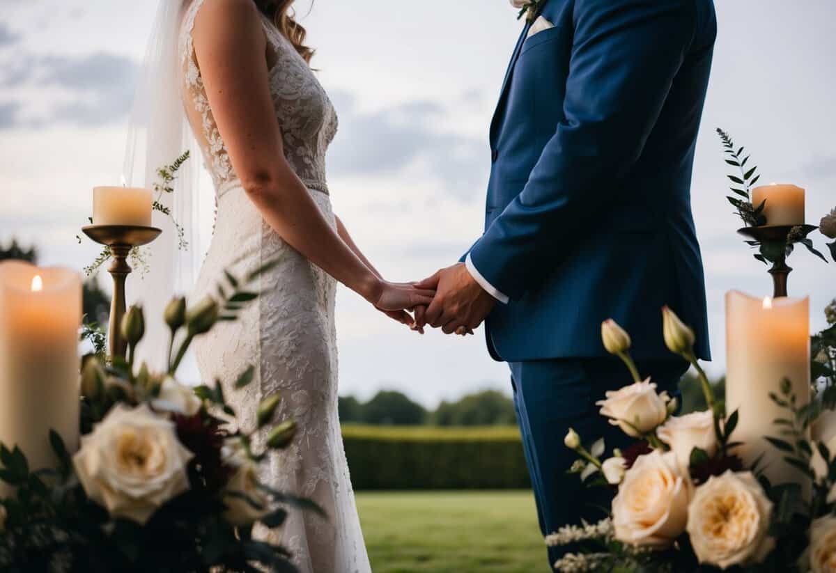 A couple standing facing each other, surrounded by flowers and candles, preparing to exchange wedding vows