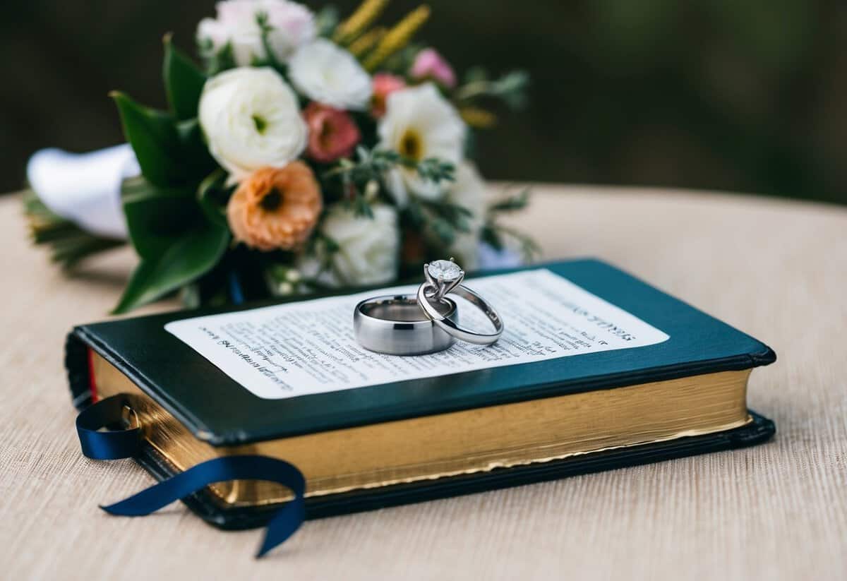 A wedding ring placed on a Bible, surrounded by a bouquet of flowers and a pair of intertwined wedding bands