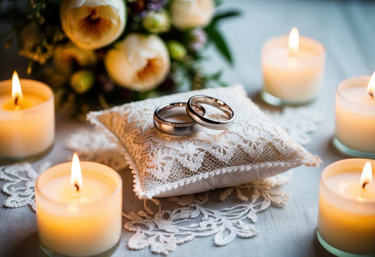 A pair of wedding rings resting on a delicate lace pillow, surrounded by soft candlelight and a bouquet of fresh flowers