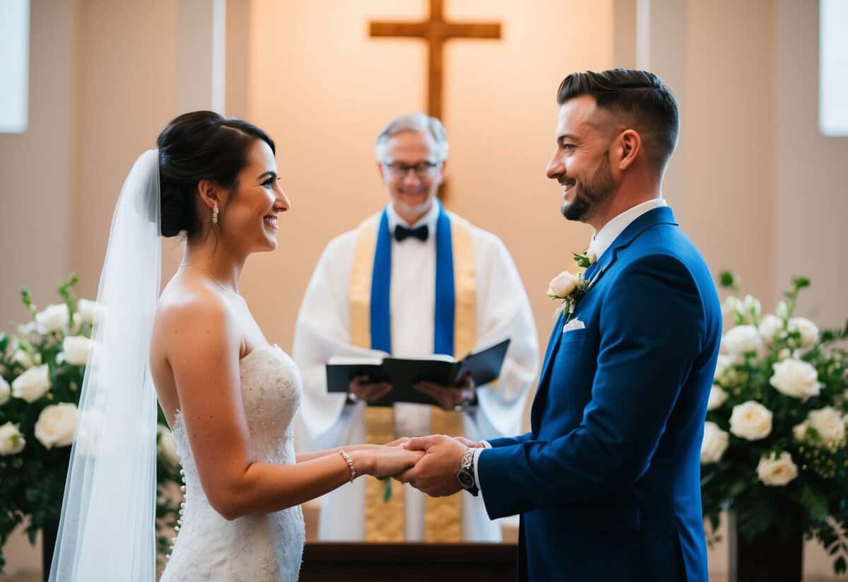 A bride and groom standing at the altar, exchanging vows with a modern twist