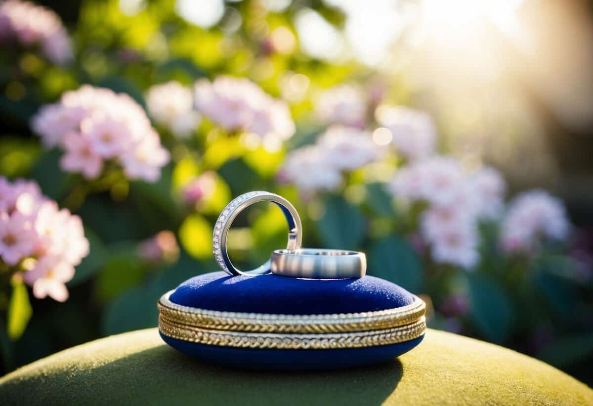 A pair of wedding rings resting on a velvet cushion, set against a backdrop of a blooming garden with soft sunlight streaming through the foliage